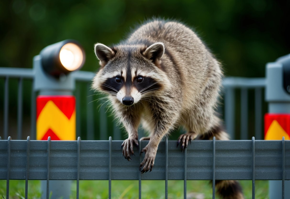 A raccoon perches on a fence, its eyes locked on the viewer, while deterrent measures like motion-activated lights and barriers surround the area