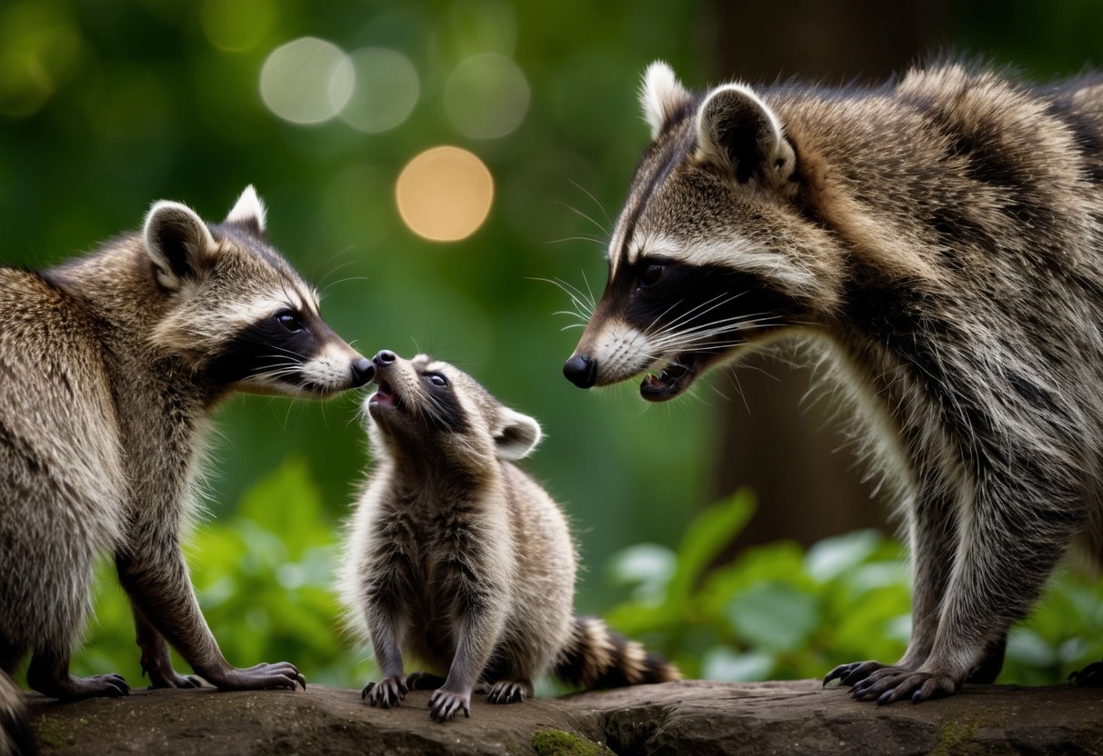 A raccoon stares intensely at another with a tilted head, while a smaller raccoon looks on with curiosity and a larger raccoon stands protectively nearby