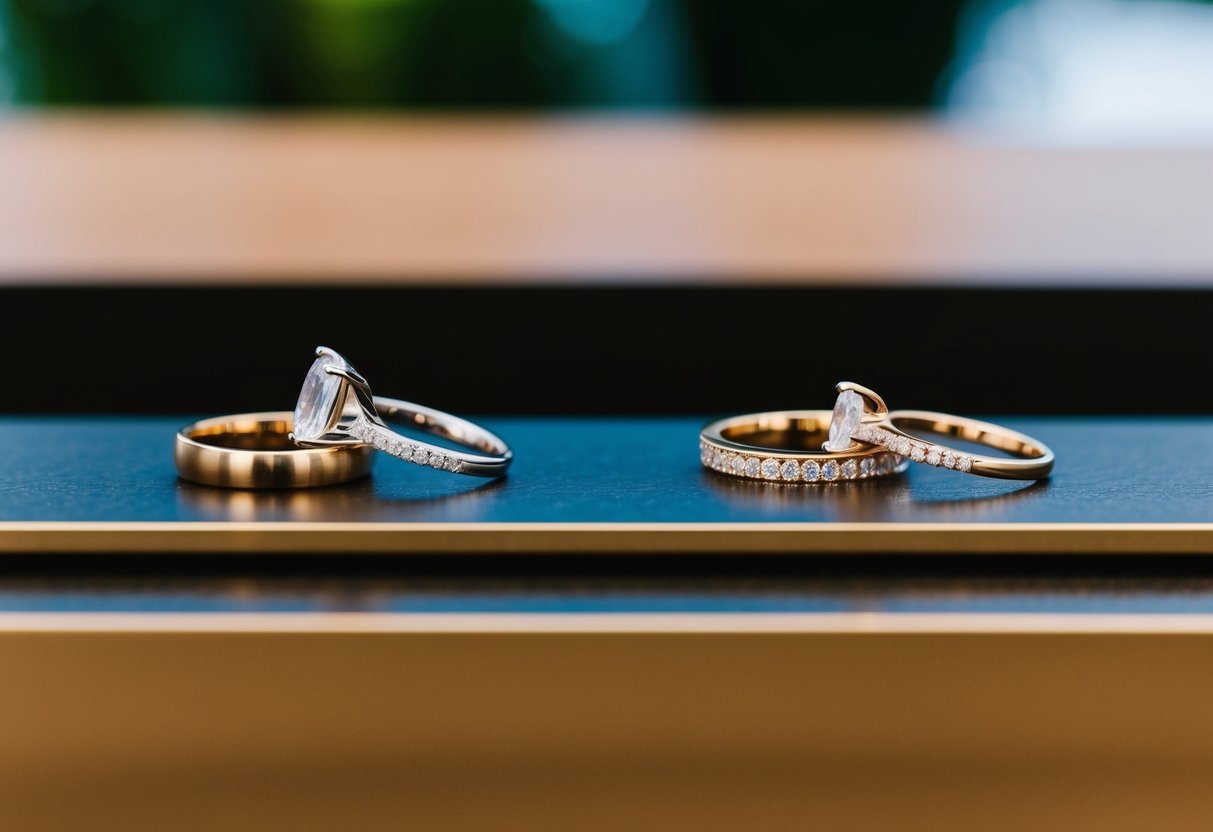 A table with various ring styles and materials. Two matching engagement rings displayed together