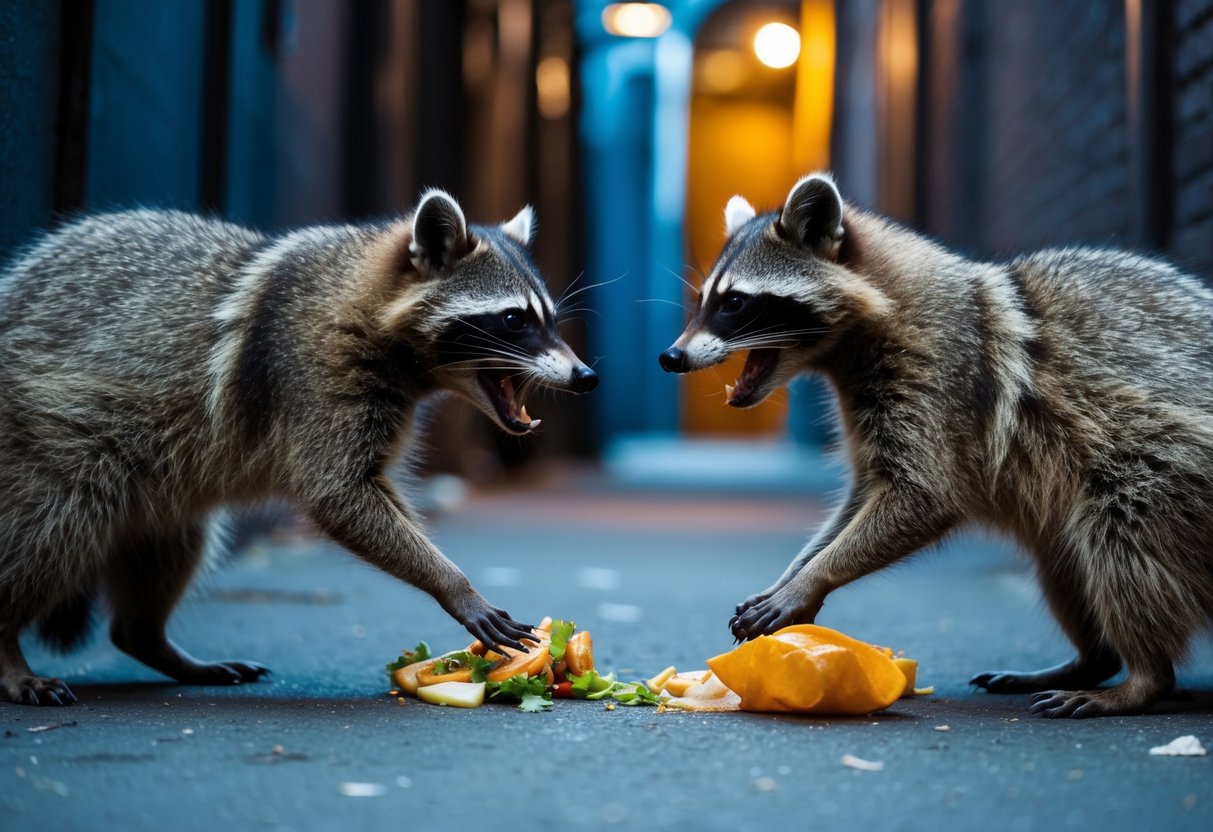 A raccoon, with raised fur and bared teeth, confronts another raccoon in a tense standoff over food scraps in a dimly lit urban alleyway