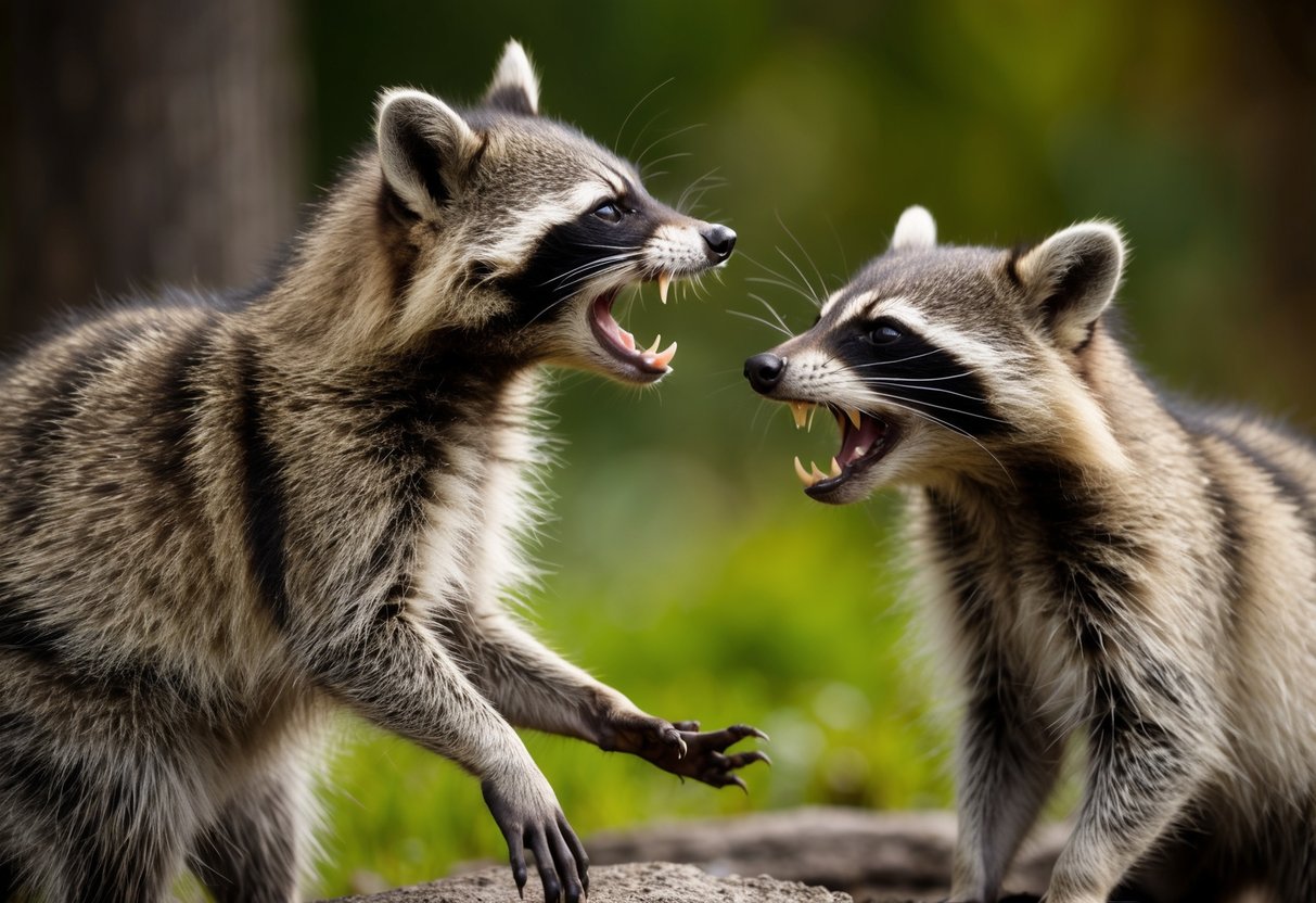 A young raccoon bares its teeth and raises its fur, showing signs of aggression towards another raccoon