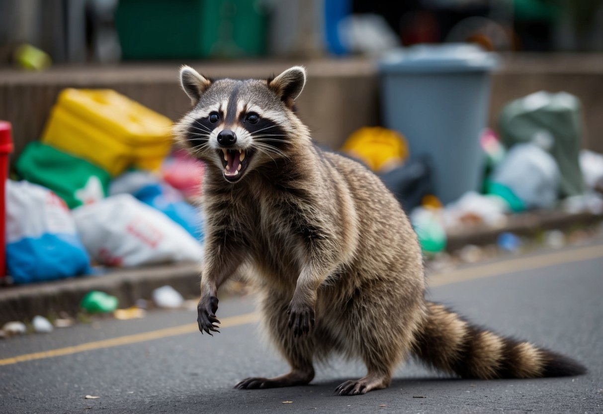 A raccoon with raised fur and bared teeth, growling at a distance. Surrounding area shows signs of garbage and potential disease vectors