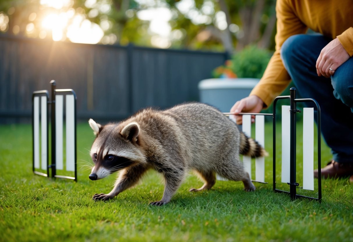 A raccoon cautiously approaches a human's backyard, while the person calmly sets up barriers to prevent potential conflict