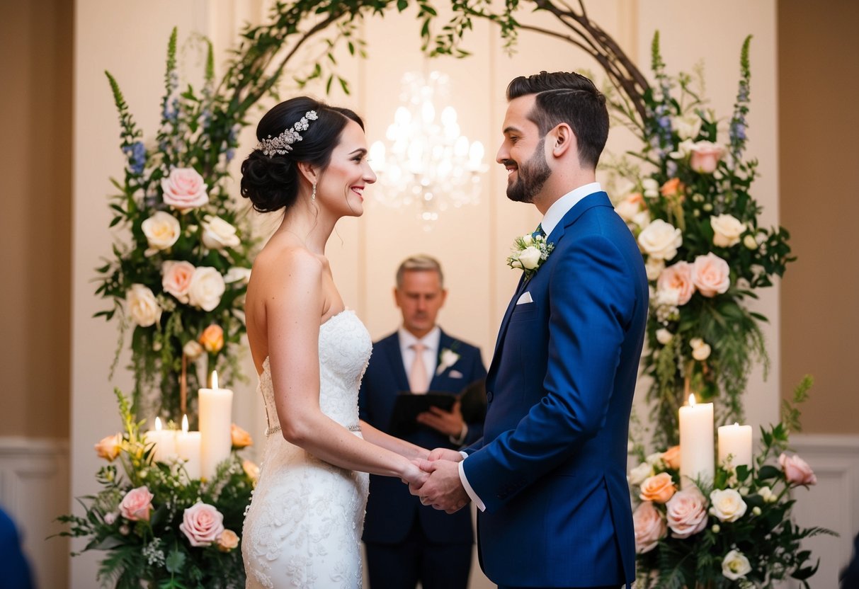 The bride and groom stand facing each other, surrounded by flowers and candles, as they exchange heartfelt vows