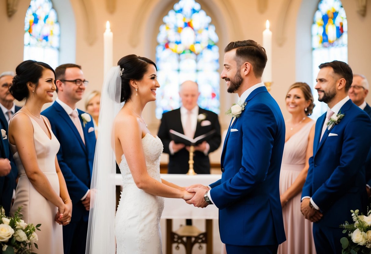 A bride and groom stand facing each other at the altar, exchanging heartfelt vows in front of their family and friends