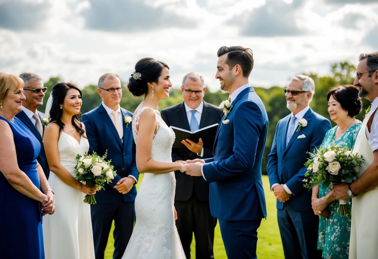 The bride and groom stand facing each other, surrounded by family and friends. They exchange vows, promising to love and cherish each other