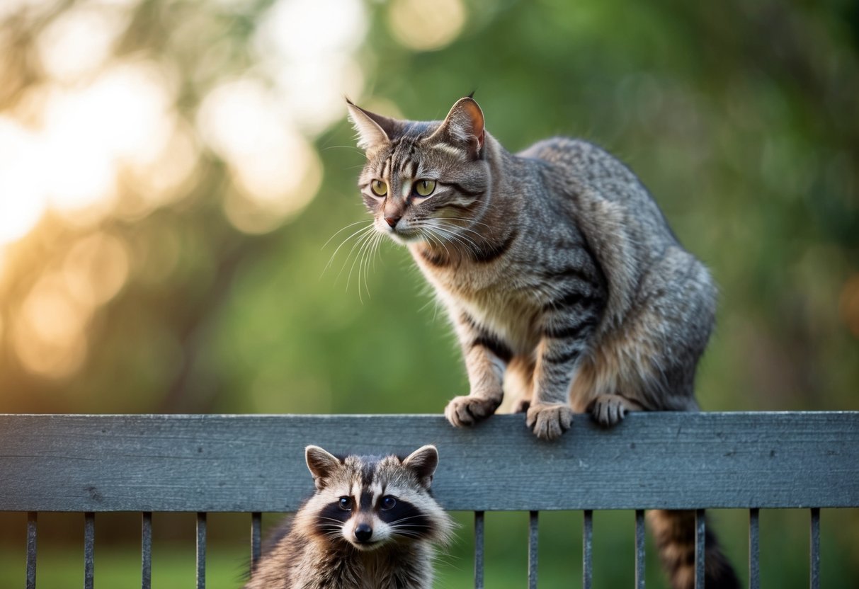 A cat perched on a fence, cautiously eyeing a raccoon below