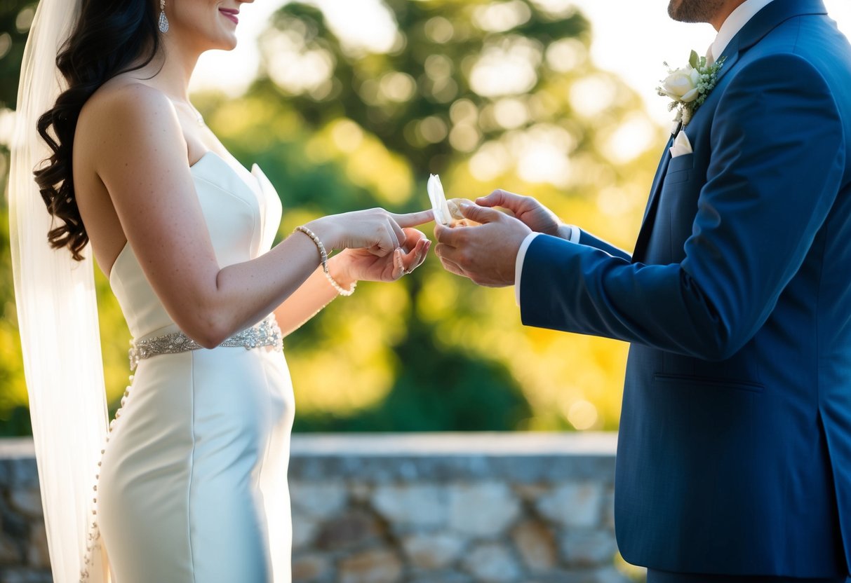 A bride and groom stand facing each other, exchanging meaningful gestures and objects to symbolize their vows before their wedding