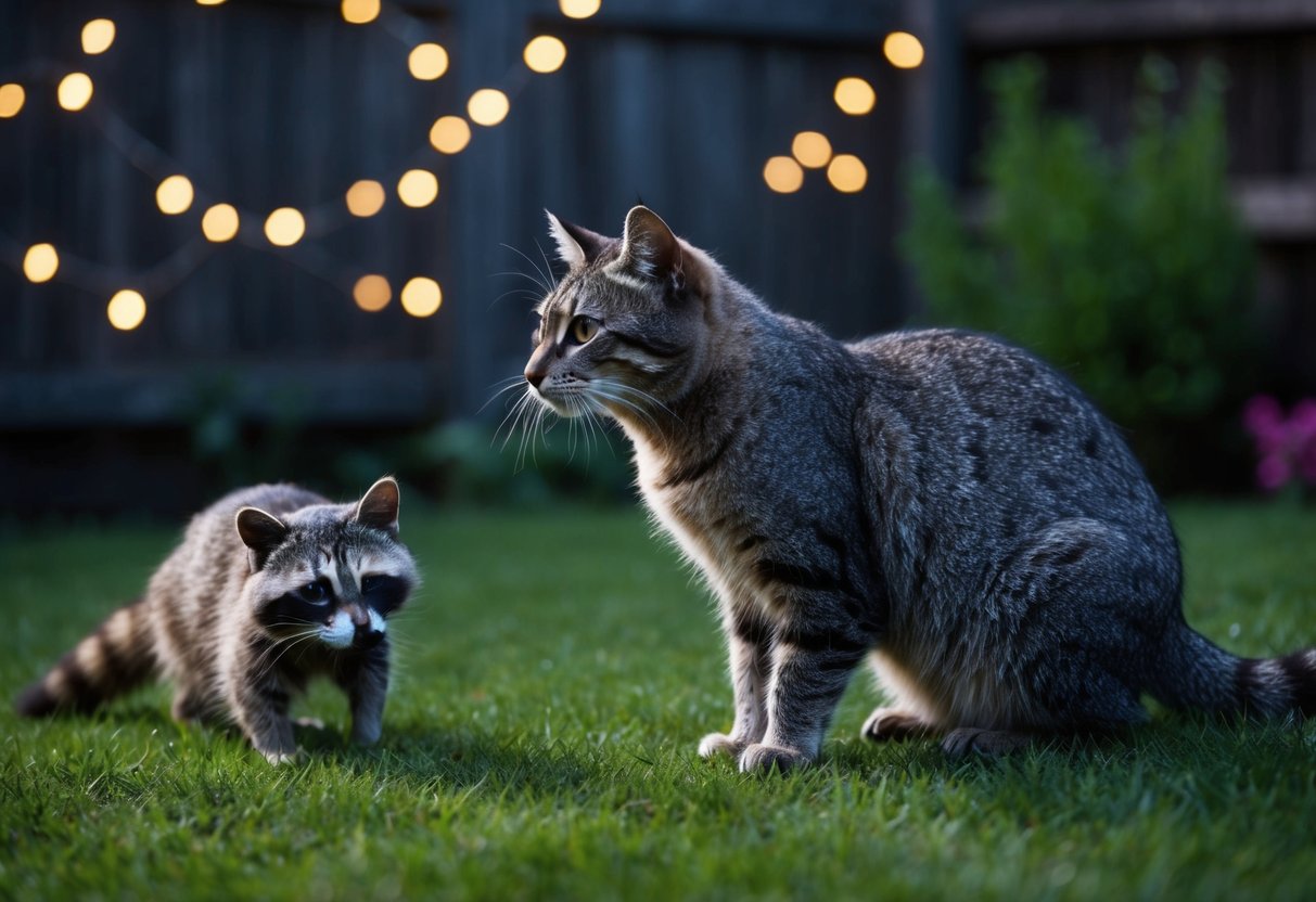 A cautious cat watches a wary raccoon from a safe distance in a dimly lit backyard