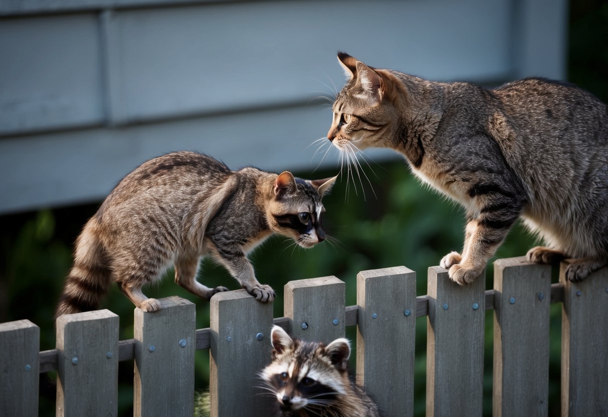 A cat perched on a high fence, cautiously eyeing a raccoon lurking in the shadows below. The cat's ears are alert and its body tense, ready to flee at any moment