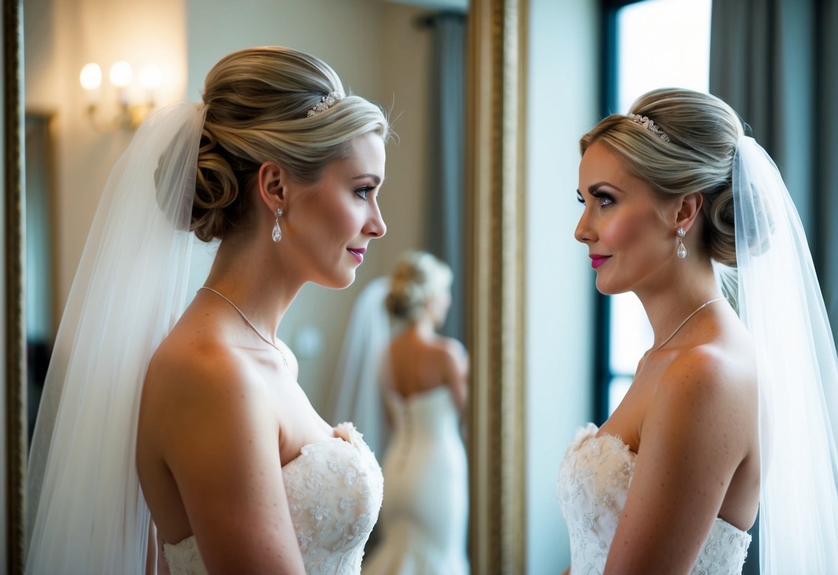 A bride stands in front of a mirror, trying on a veil. She looks contemplative, with her hair styled in an elegant updo