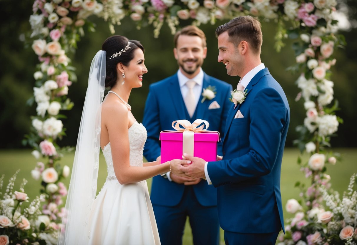 A bride presents a gift to a groom, both standing in a romantic setting with wedding attire and surrounded by flowers and decorations