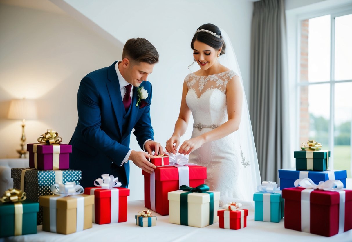 A bride carefully selects a meaningful gift for her groom, surrounded by various gift options and thoughtful consideration