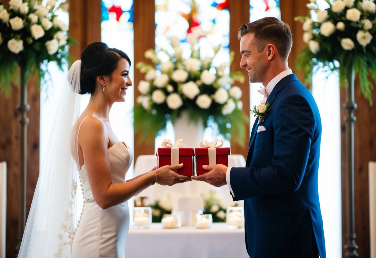 A bride and groom exchanging gifts at a wedding altar