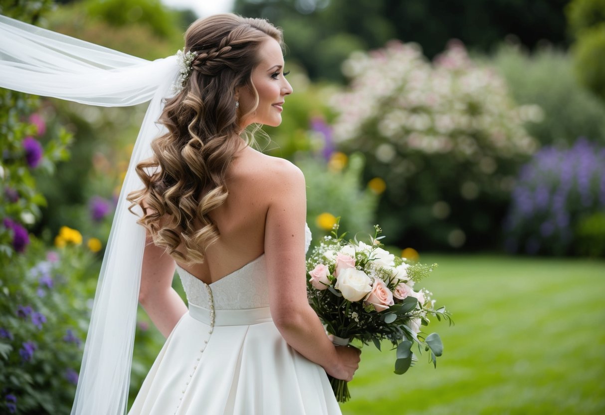 A bride standing in a garden, with her hair flowing down in loose curls, wearing a white dress and holding a bouquet of flowers