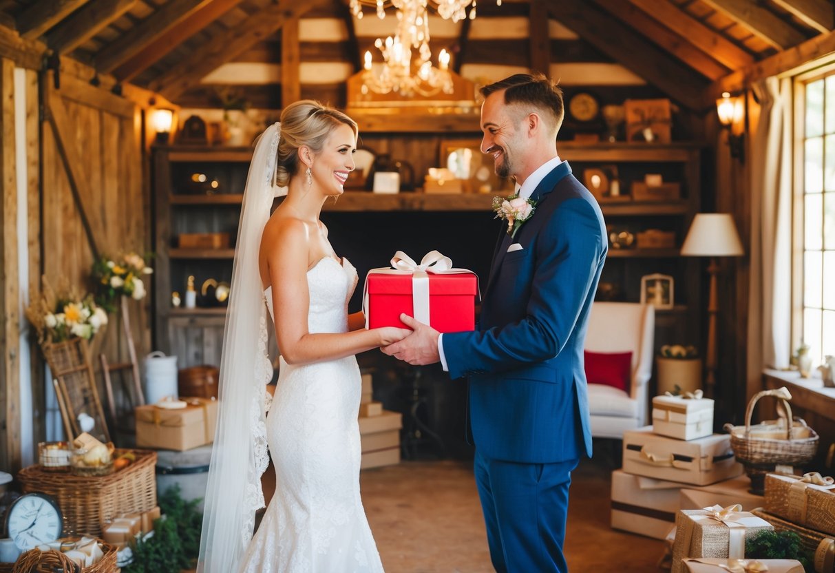 A bride and groom exchanging gifts in a charming, rustic barn filled with vintage and handmade treasures