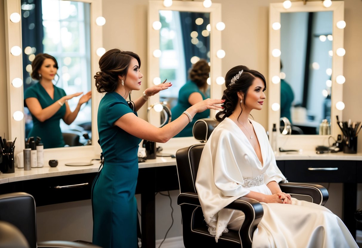 A bride sits in a chic salon chair, surrounded by mirrors and elegant bridal accessories. A stylist gestures and discusses hair options, while the bride looks contemplative