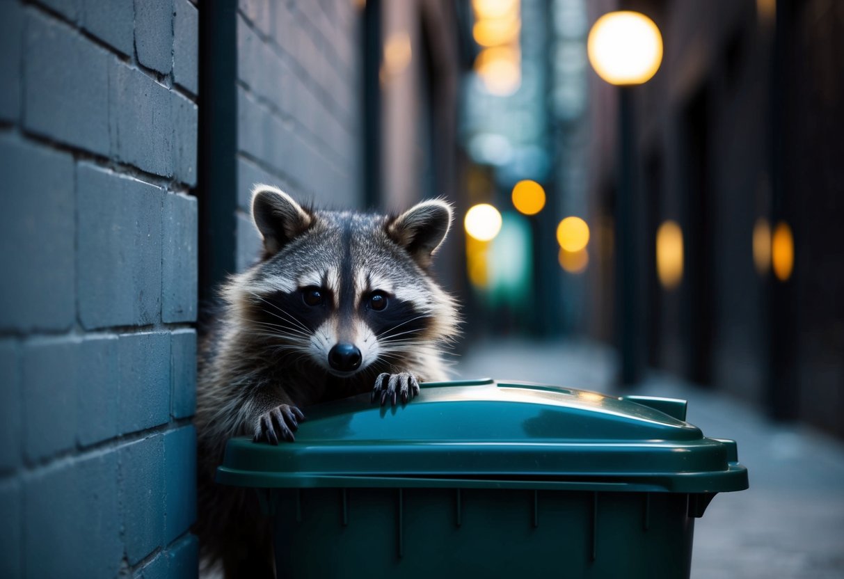 A raccoon cautiously peeks out from behind a trash can in a dimly lit urban alleyway, its eyes wide with suspicion