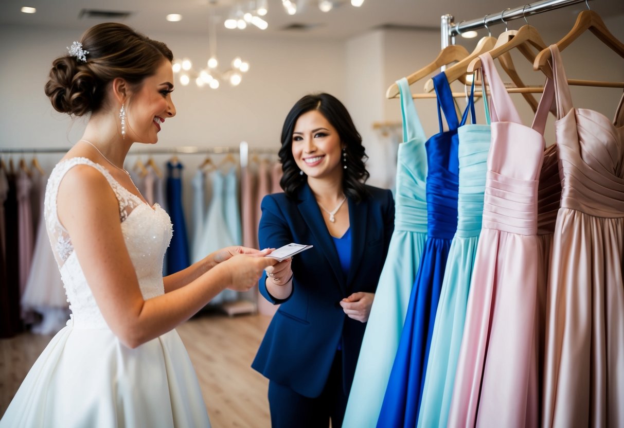 A bride handing over payment to a dress shop employee, while pointing to a rack of bridesmaid dresses