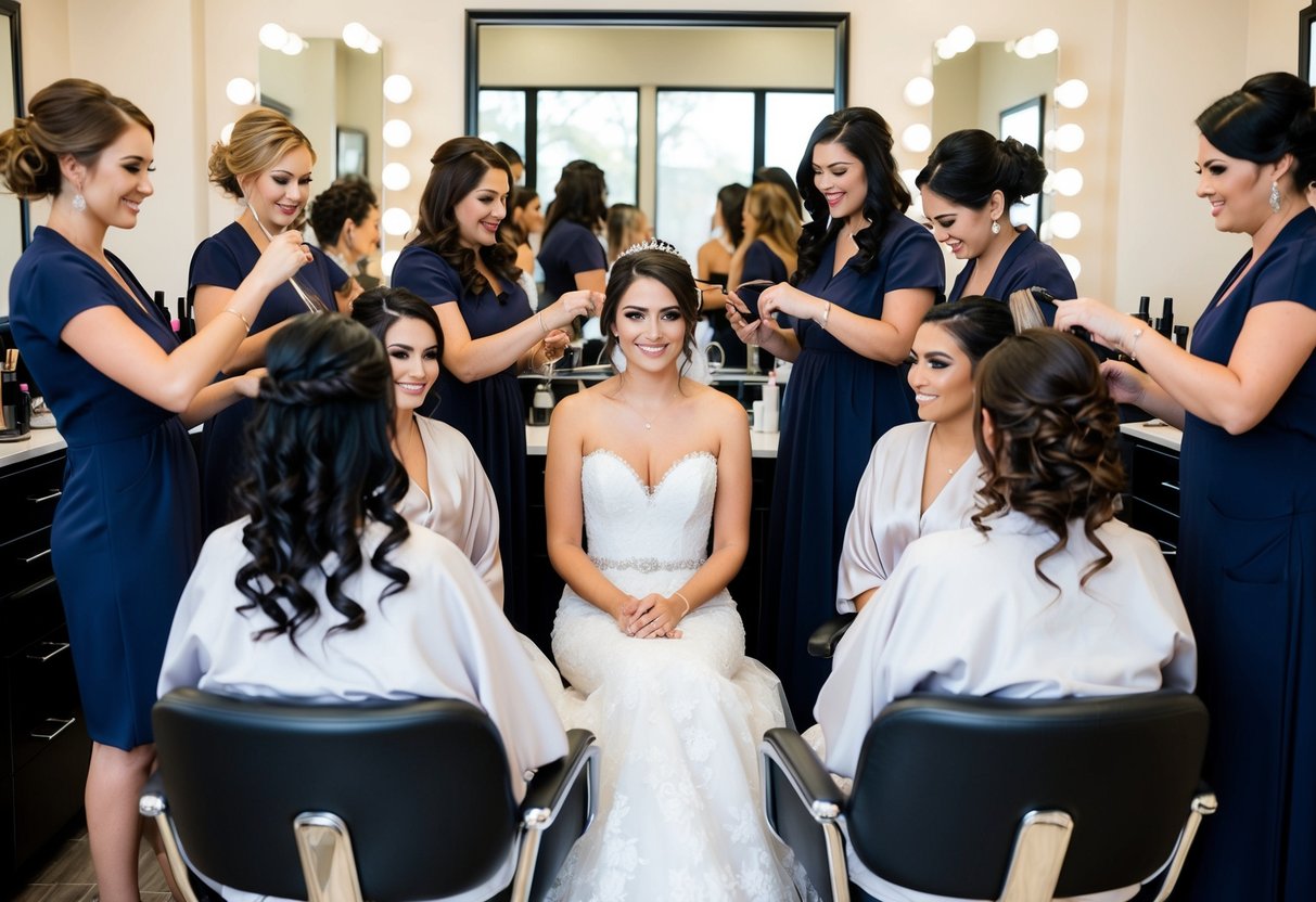 A bride sits surrounded by bridesmaids getting their hair and makeup done in a salon. Makeup artists and hairstylists work diligently