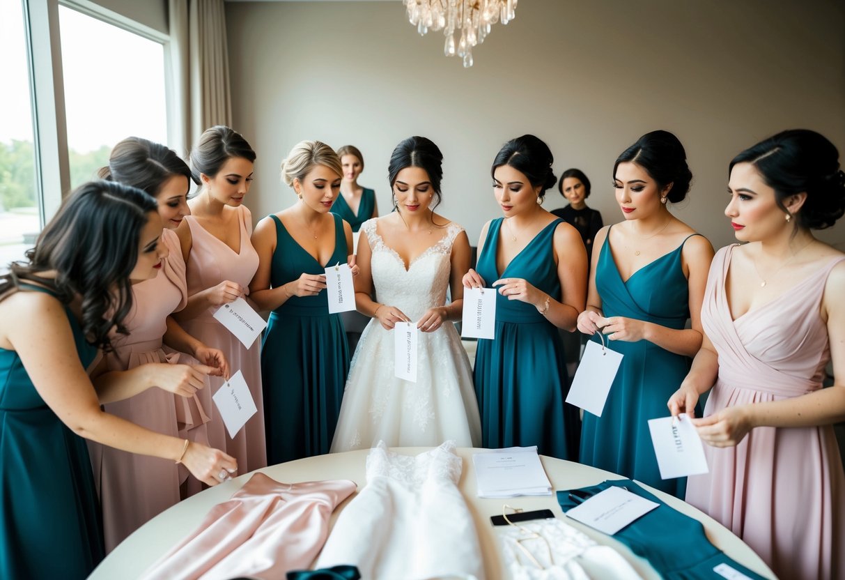 A group of bridesmaids gather around a table, examining different dress options while holding price tags and discussing expenses