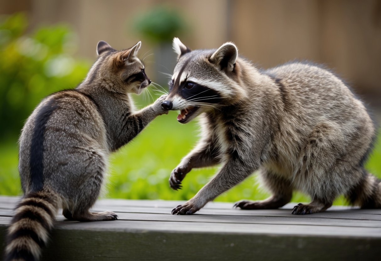 A raccoon hisses at a wary cat, its fur raised in defense