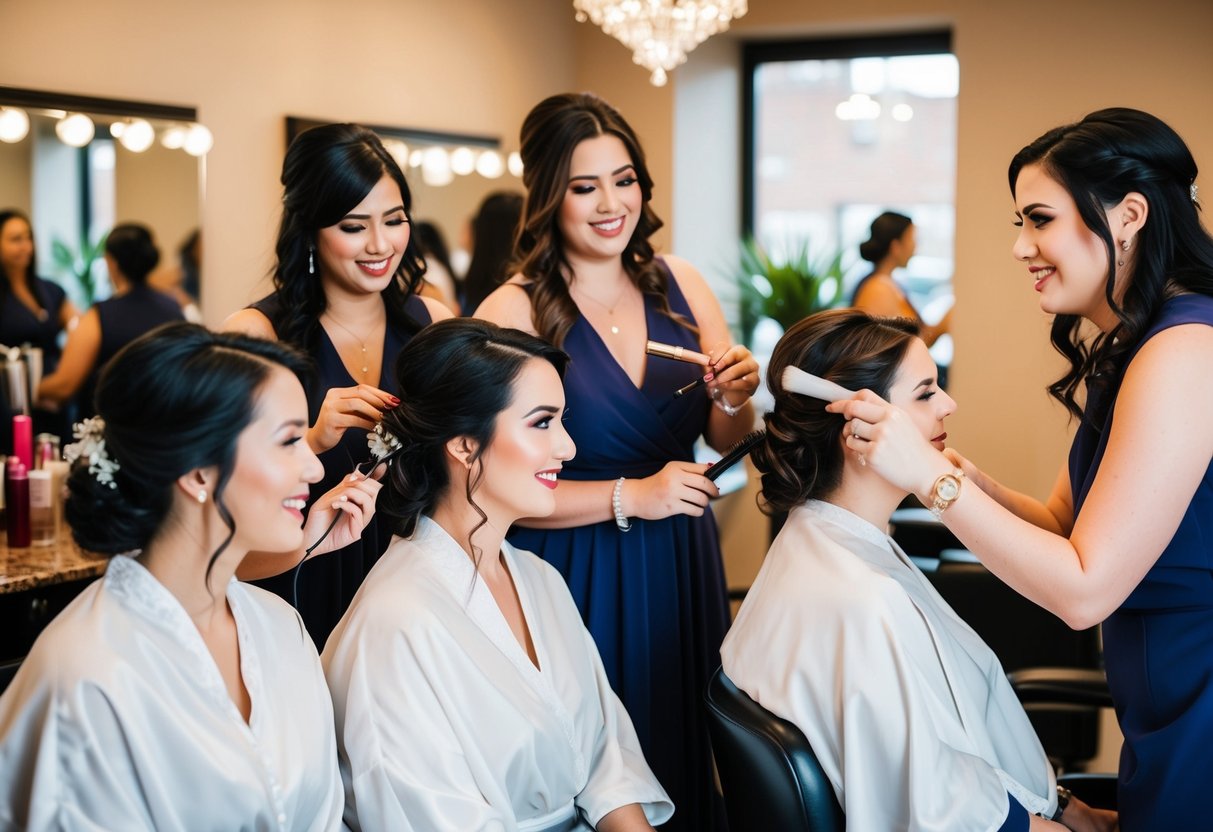 A group of bridesmaids getting their hair and makeup done together in a luxurious salon