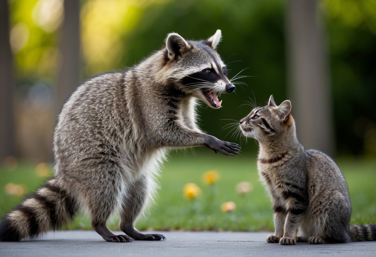 A raccoon stands on its hind legs, baring its teeth and hissing at a cautious cat