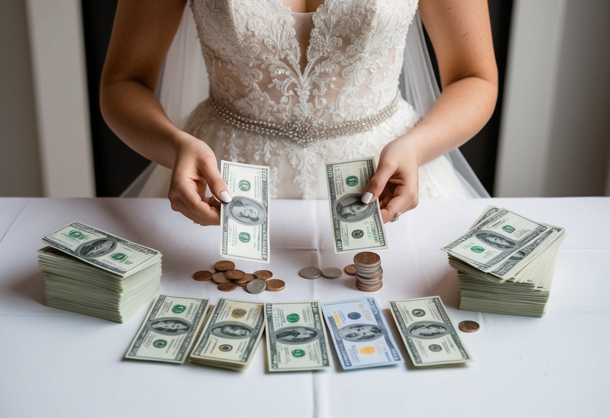 A bride counting and sorting various currency bills and coins into separate piles to cover the costs of hair and makeup for her wedding party