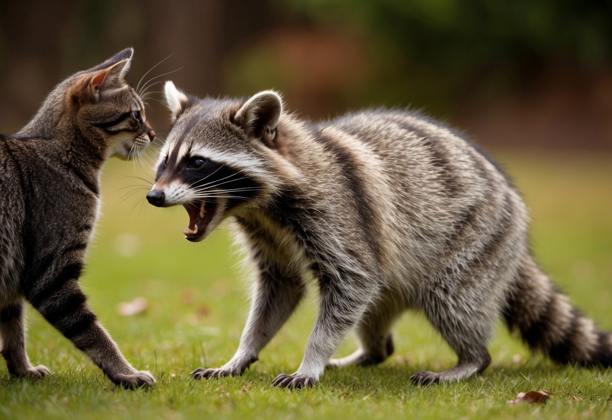 A raccoon snarls at a wary cat, its fur bristling with aggression