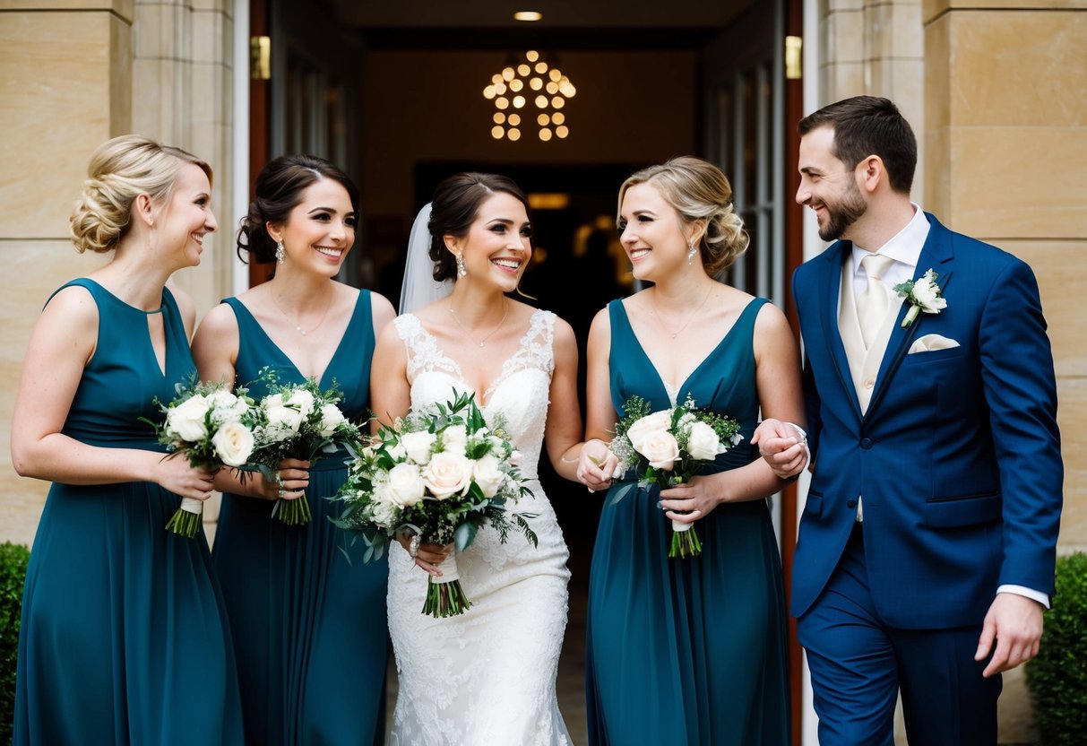 Bridesmaids and groomsmen enter together, smiling and chatting
