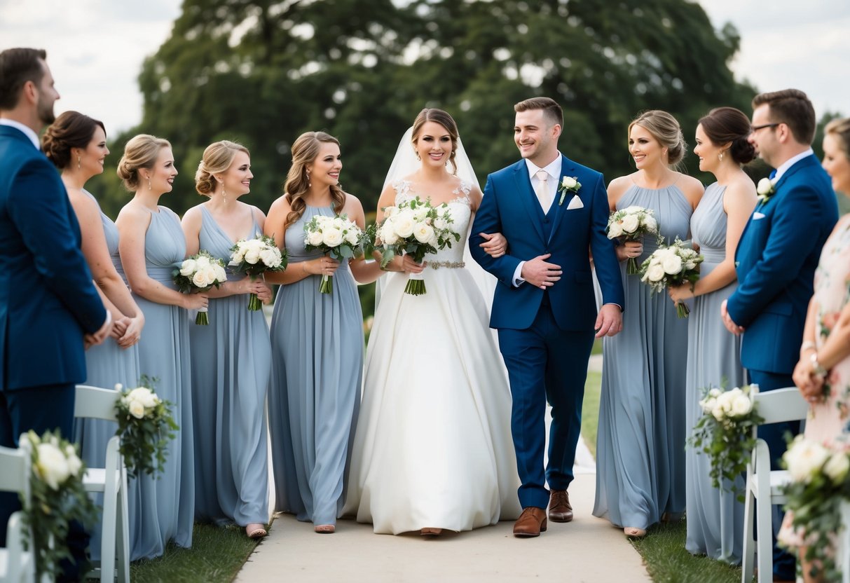 Bridesmaids and groomsmen walk side by side in the wedding processional, leading up to the entrance of the bride and groom