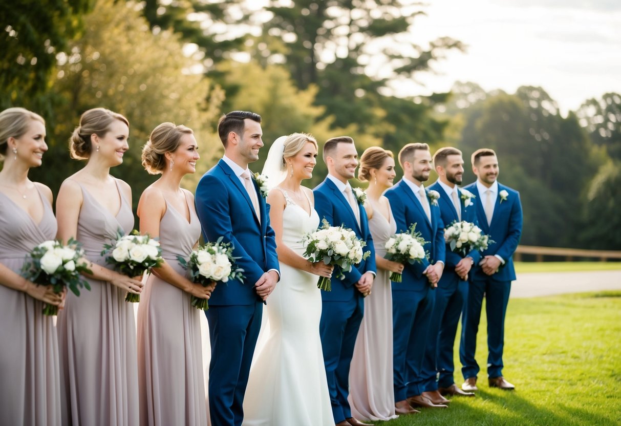 Bridesmaids and groomsmen enter together, standing side by side in a line, with the bridesmaids on one side and the groomsmen on the other