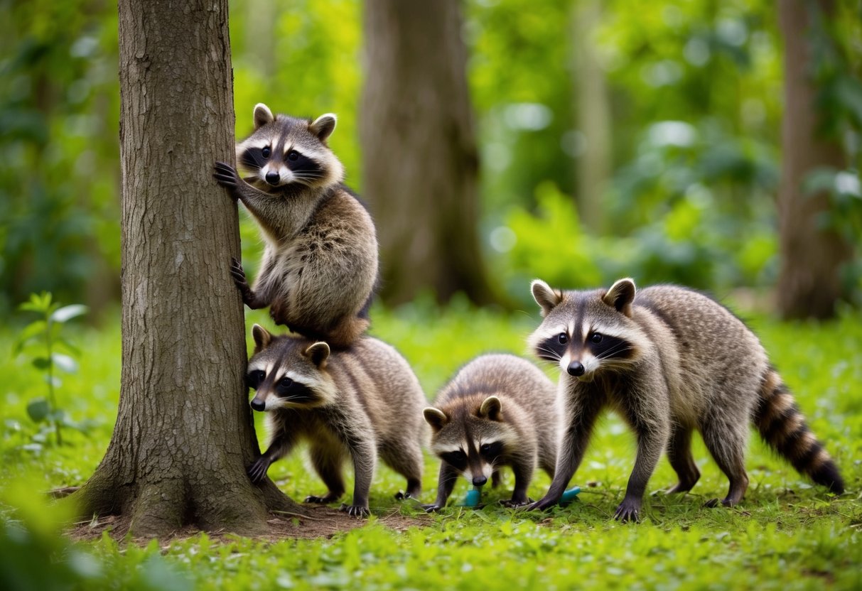 A family of raccoons foraging in a lush forest, with one playfully climbing a tree while the others search for food on the ground