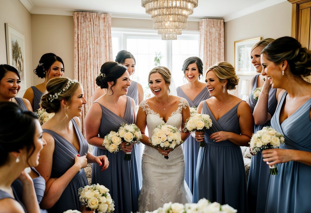 Bridesmaids gather in a cozy room, chatting and laughing with the bride as they prepare for the big day