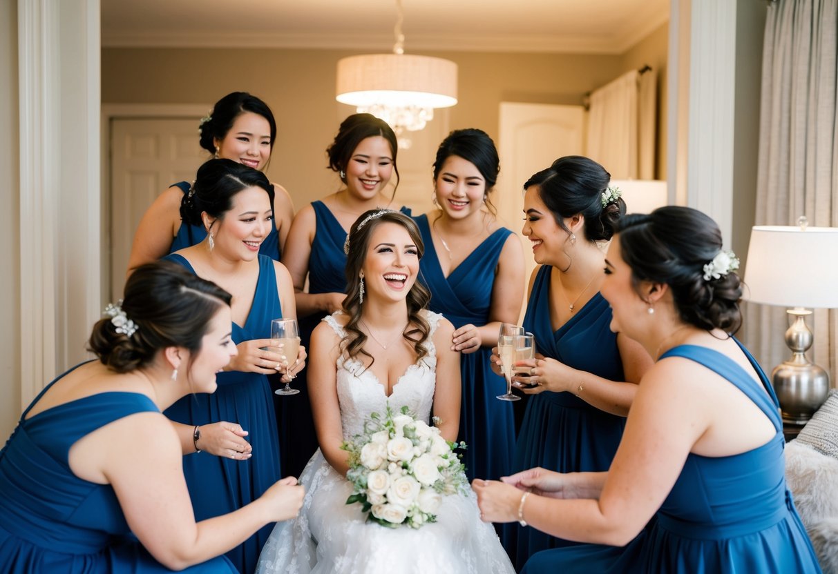 A group of bridesmaids gather around the bride, sharing stories and laughter as they prepare for the big day