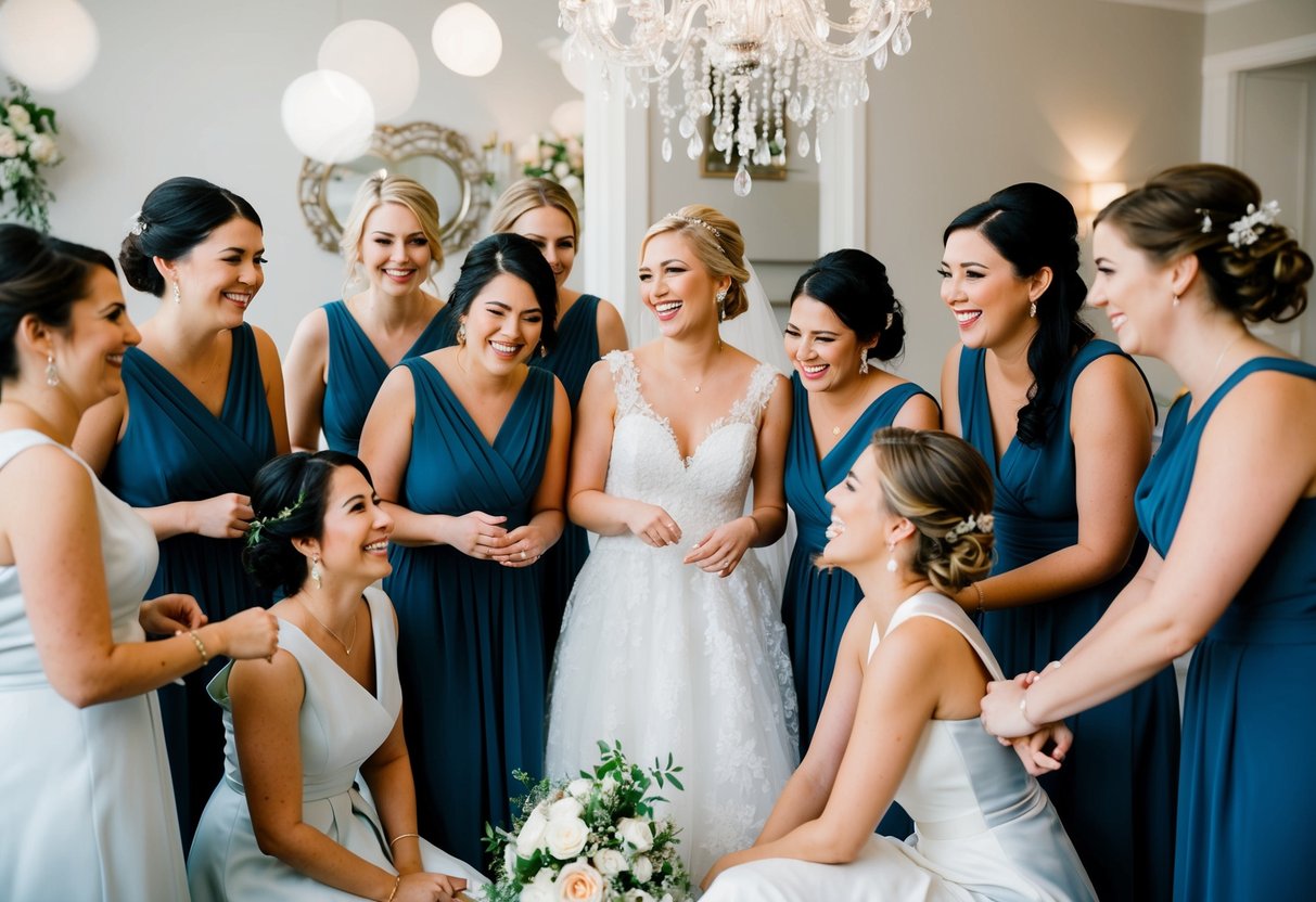 Bridesmaids gather around bride, discussing plans and sharing laughter, surrounded by wedding attire and decorations