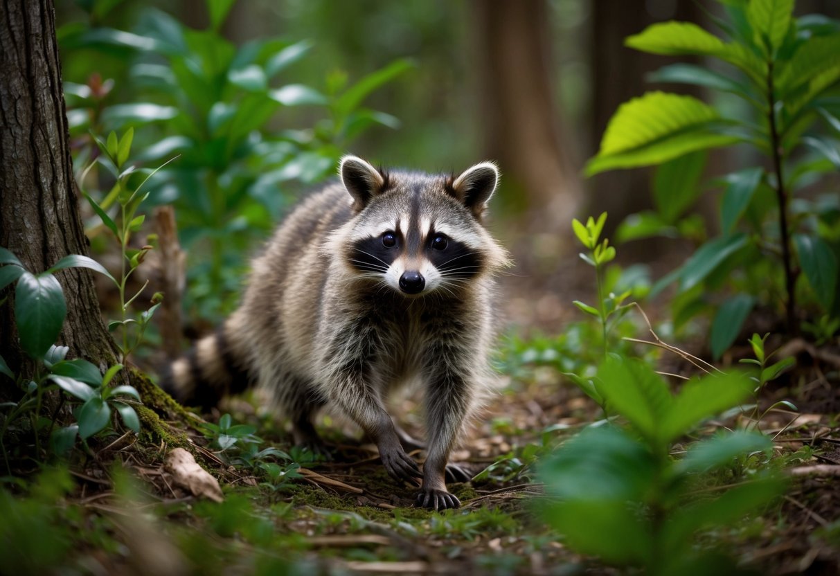 A raccoon scavenging through a forest, surrounded by diverse plant and animal life