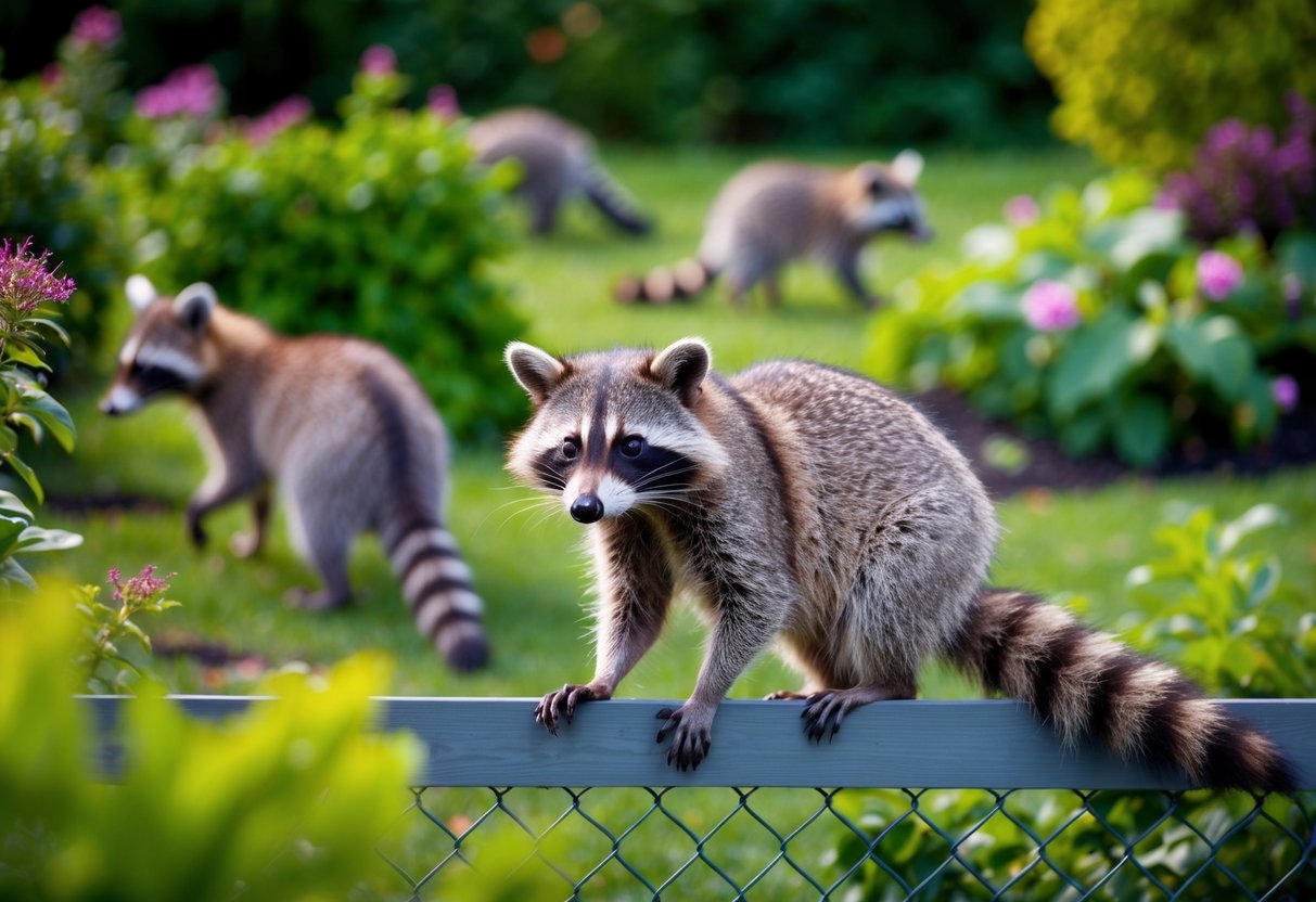 A raccoon perched on a fence, surrounded by a lush garden. Some animals are seen foraging nearby while others watch from a distance