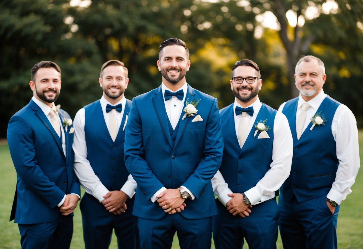 Groomsmen's attire and accessories match the dads' outfits at the wedding