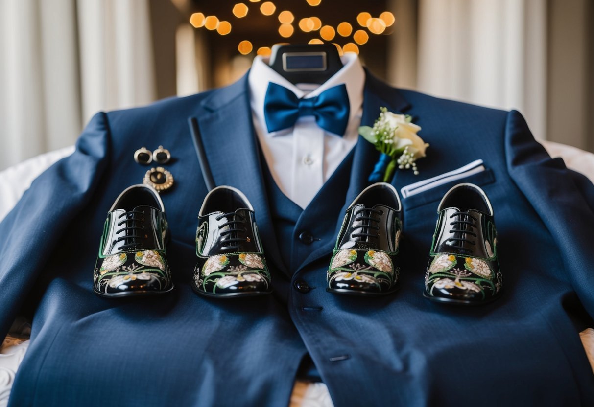 Groomsmen's attire laid out with matching accessories for wedding