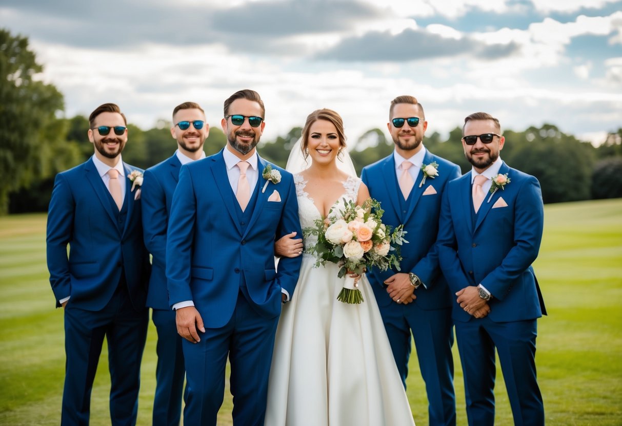 A wedding scene with matching groomsmen and family fashion accessories