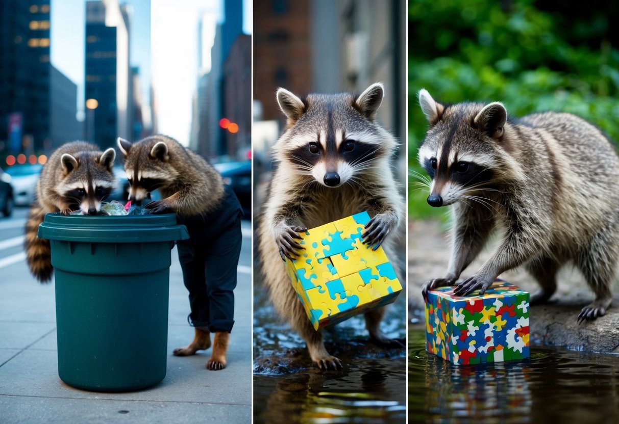 A raccoon foraging through a city trash can, another raccoon using its paws to manipulate a puzzle box, and a raccoon washing its food in a stream