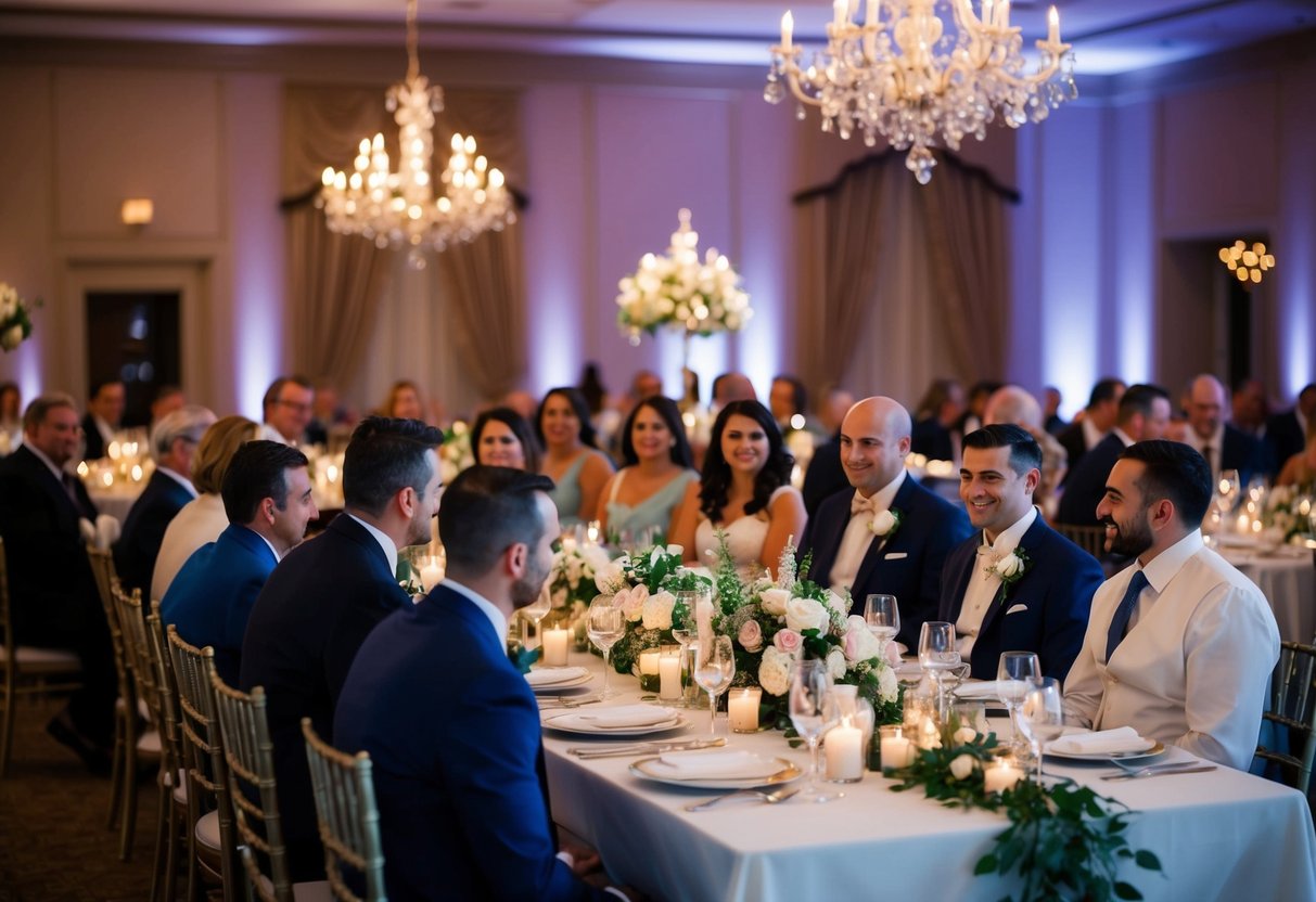 Evening wedding guests enjoy a formal dinner in a beautifully decorated reception hall with elegant table settings and soft candlelight