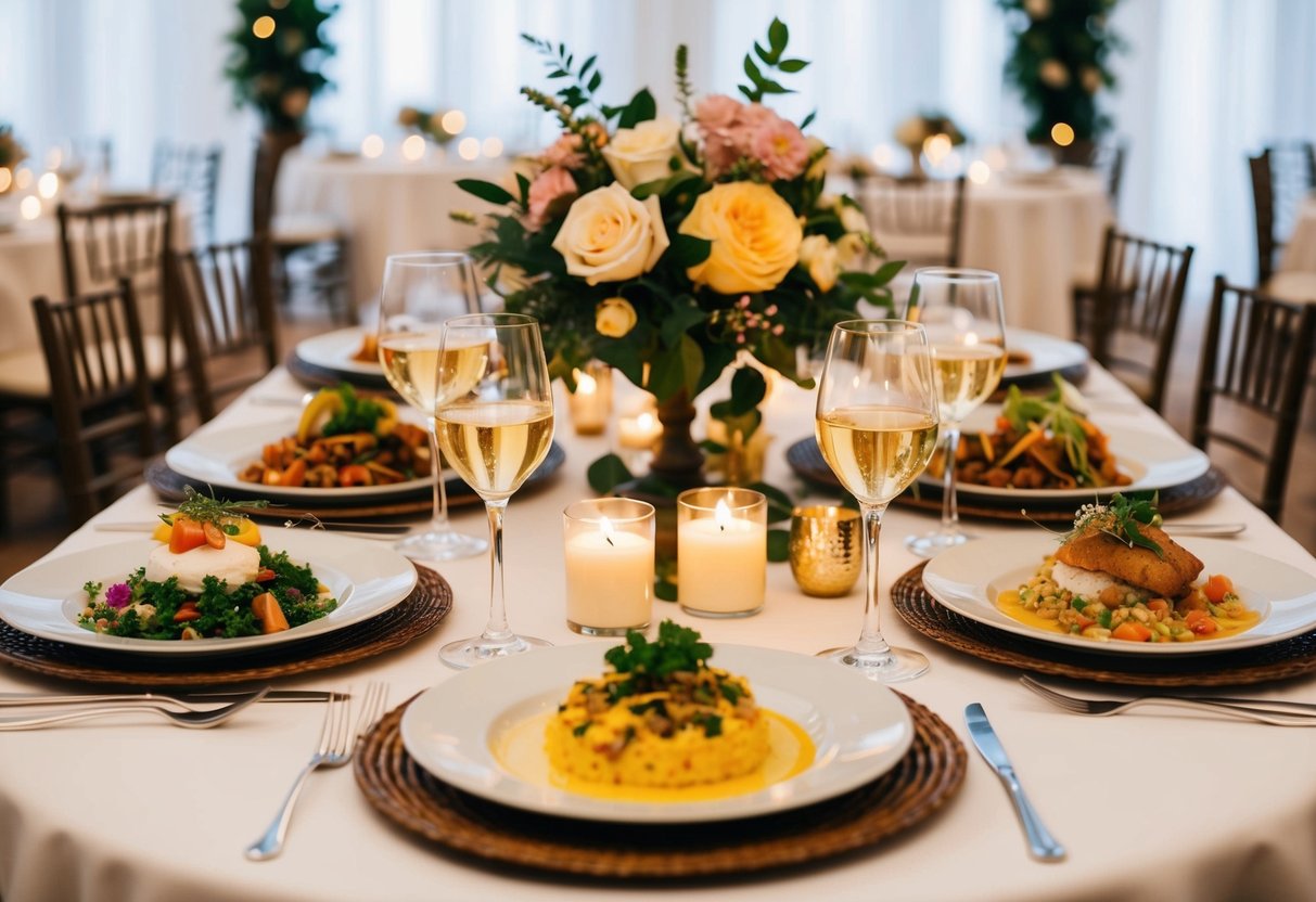 A table set with elegant place settings and a variety of delicious food dishes, surrounded by soft candlelight and floral centerpieces