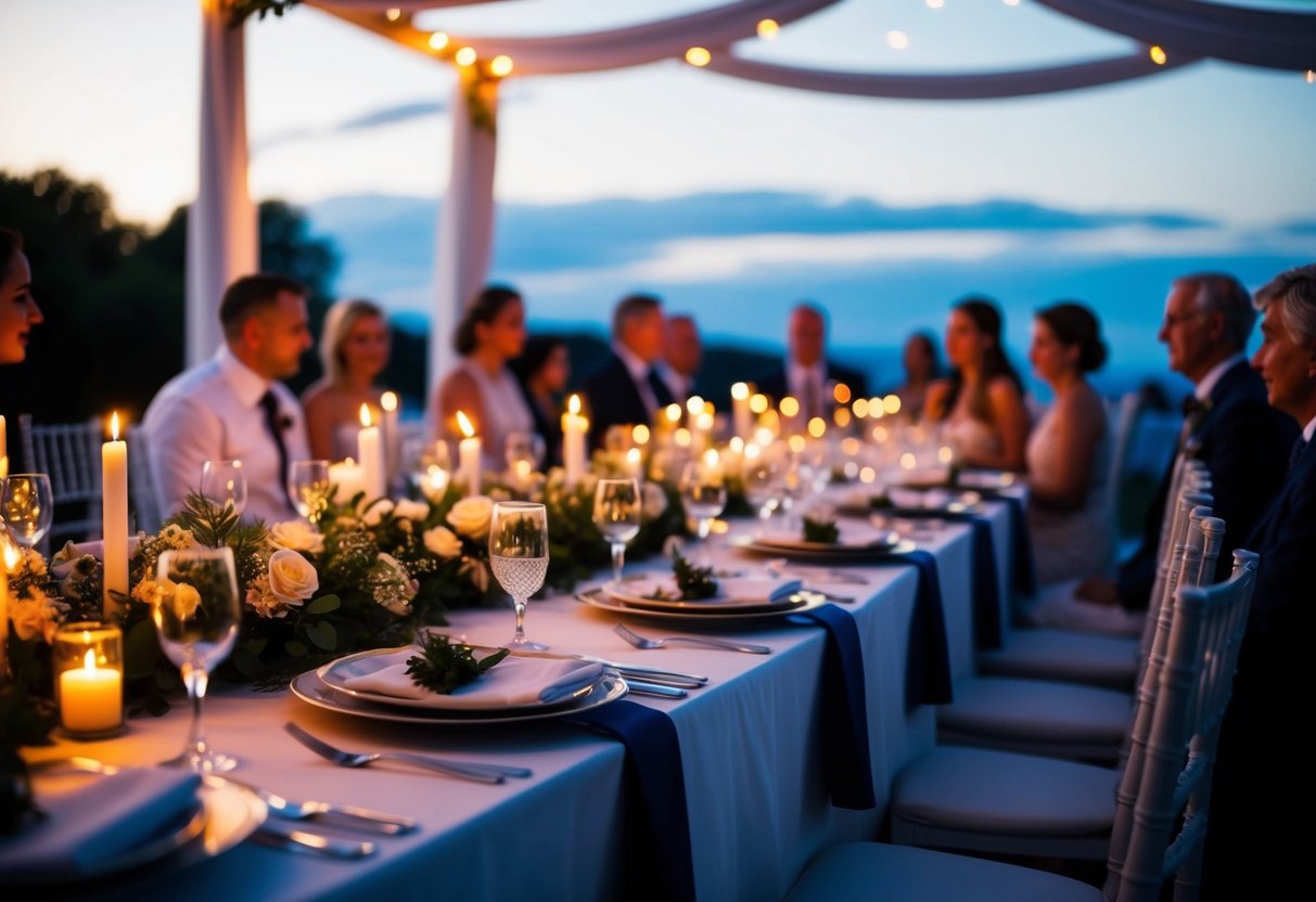 A beautifully set dinner table with elegant place settings and glowing candlelight awaits evening wedding guests