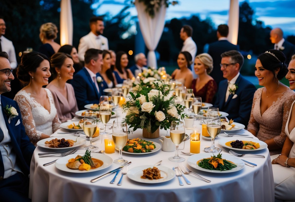 A table set with elegant place settings and a variety of delicious dinner dishes, surrounded by evening wedding guests mingling and enjoying the meal