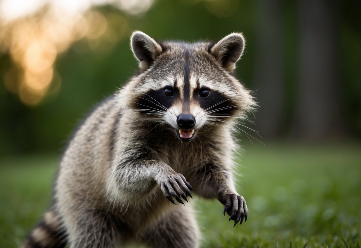 A raccoon hisses and bares its teeth, standing defensively on its hind legs