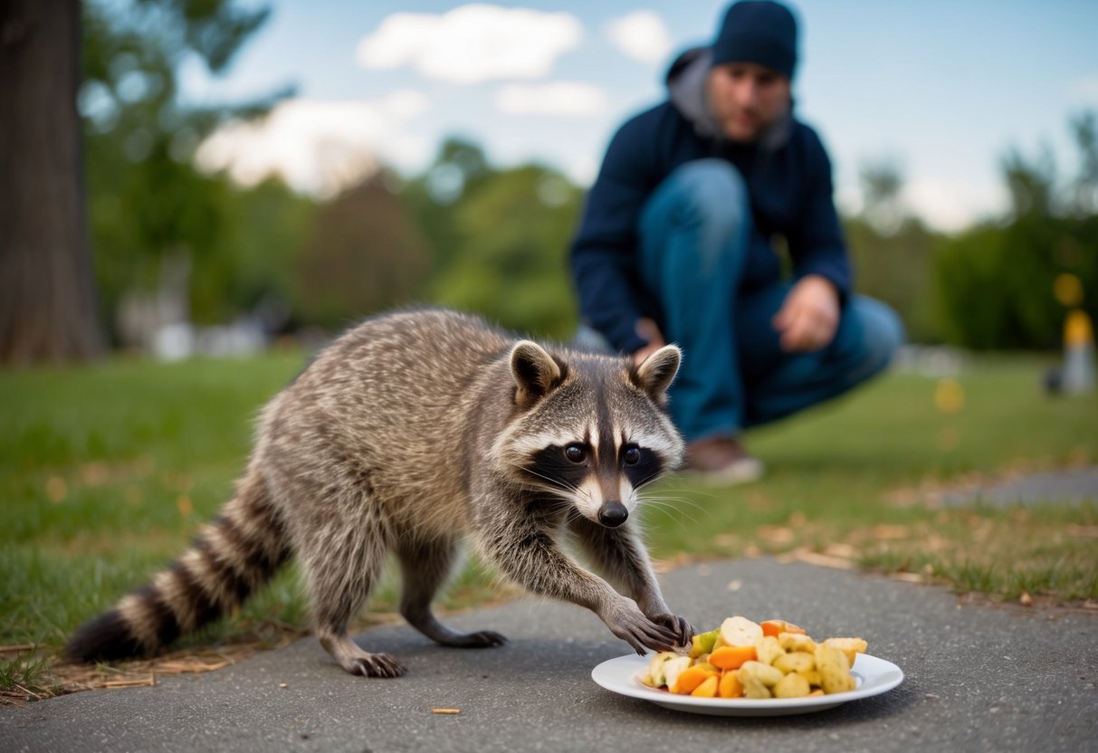 A raccoon cautiously approaches a human's discarded food, while the human watches from a distance, unsure of the raccoon's intentions