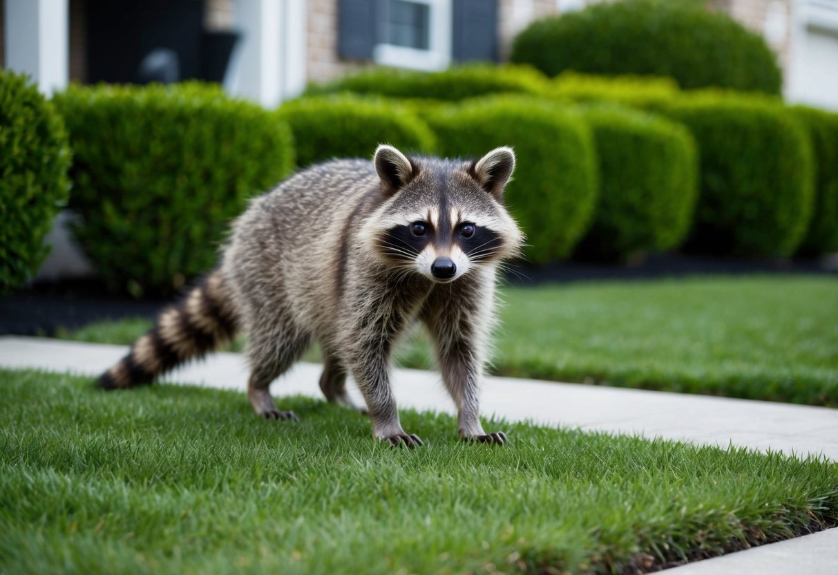 A raccoon stands guard outside a suburban home, its eyes alert and its body poised for action. The lush greenery and neatly trimmed hedges indicate a well-maintained property